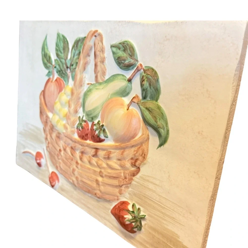 Vintage Ceramic Fruit Basket Wall Plaque 3D Relief Hand Painted Farmhouse 12x9